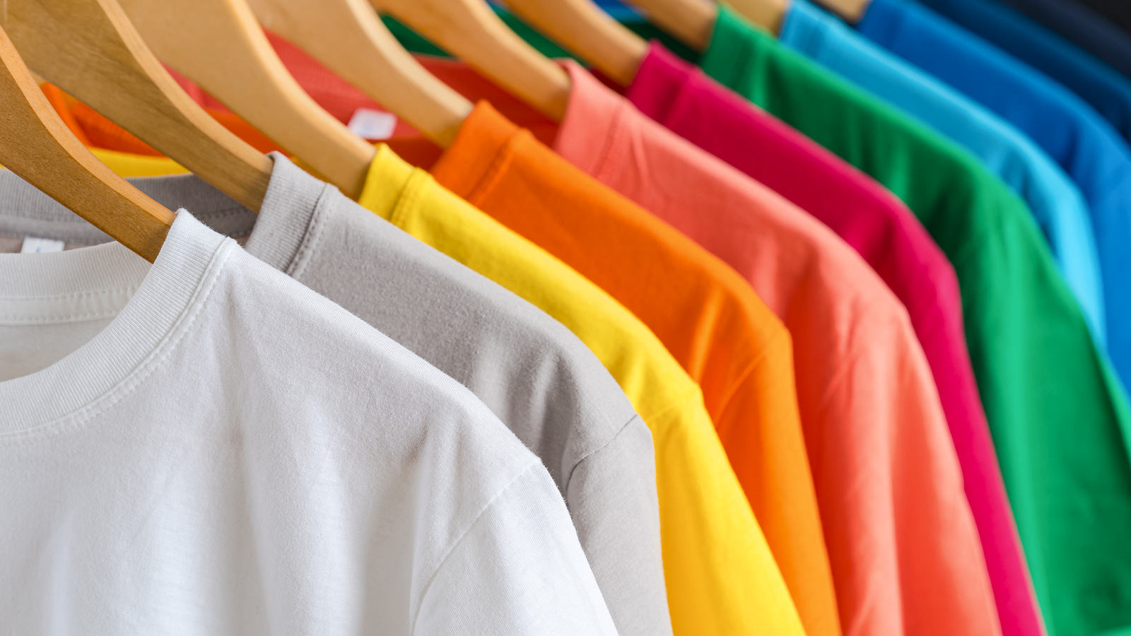 BellaCanvas 3001 color chart Different colored t-shirts on hangers.