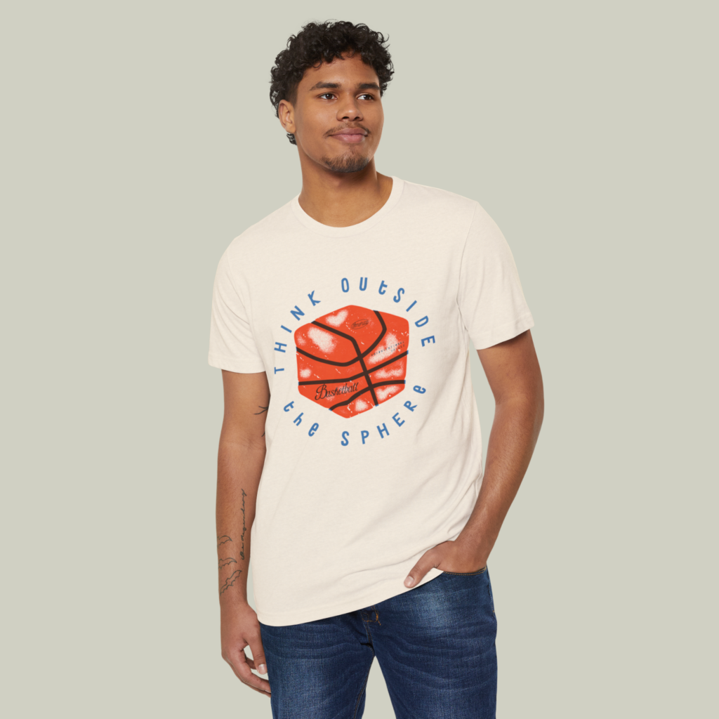 BellaCanvas Unisex Recycled Organic T Shirt Eco friendly POD A mockup of a man wearing a custom “Think outside the sphere” eco-friendly t-shirt.