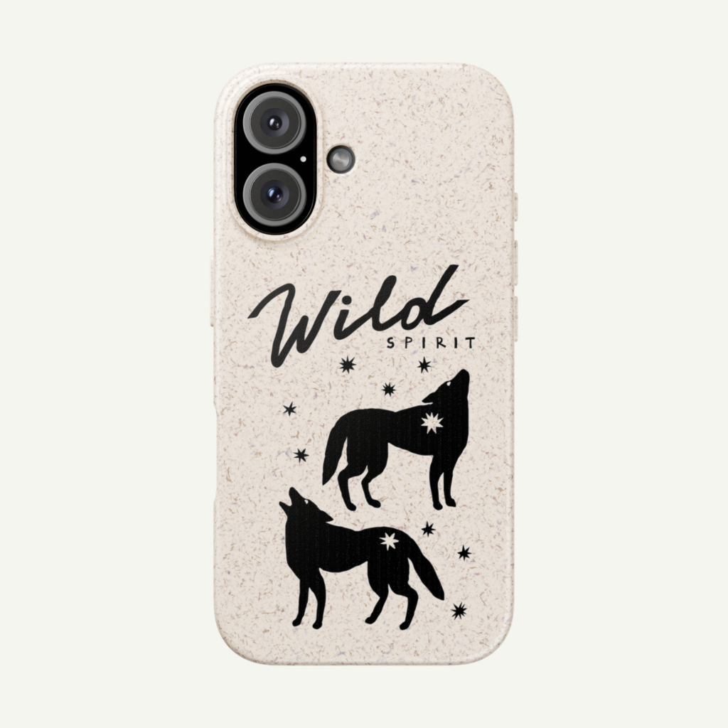 Biodegradable Phone Cases Eco friendly POD A custom white “Wild spirit” phone case made from eco-friendly materials.