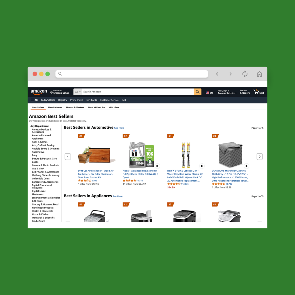 Browse bestsellers in Amazons product categories A screenshot mockup of Amazon’s Best Sellers page.