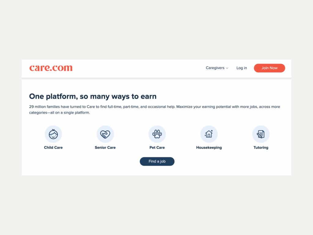 Care Best business to start with little money A screenshot of the Care landing page.