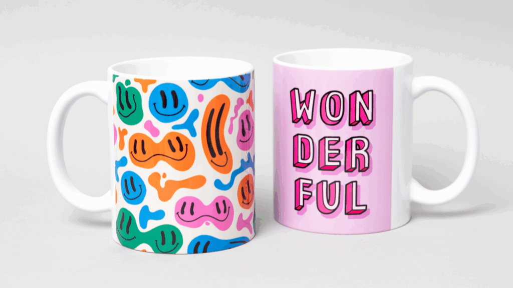 Ceramic mug 11oz High margin products Two coffee mugs displaying the word "wonderful" in a decorative font.