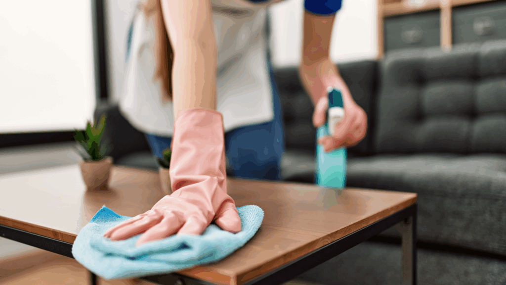 Clean houses A person in rubber gloves wiping a table.
