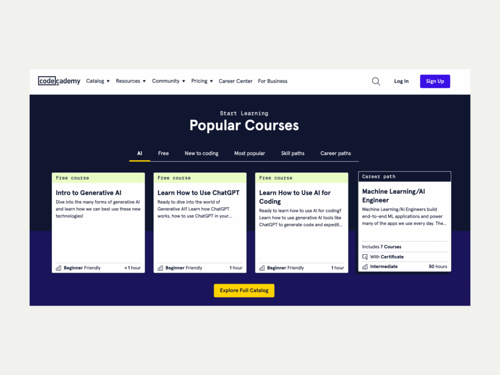 Codeacademy Best business to start with little money A screenshot of the Codeacademy landing page.