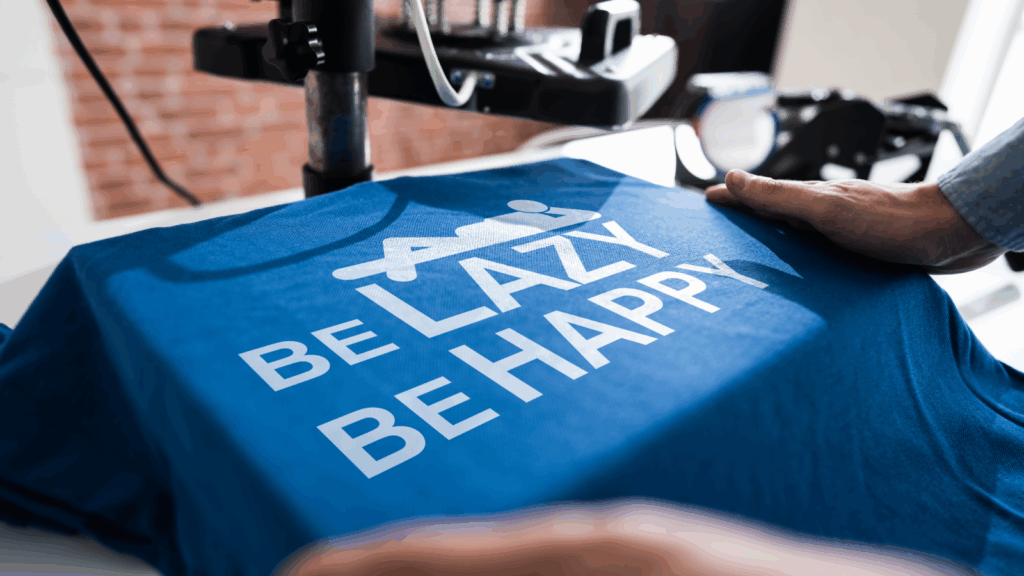 Connect with a print on demand provider A person holds a t-shirt with the phrase "Be lazy, be happy" printed on it, promoting a relaxed lifestyle.