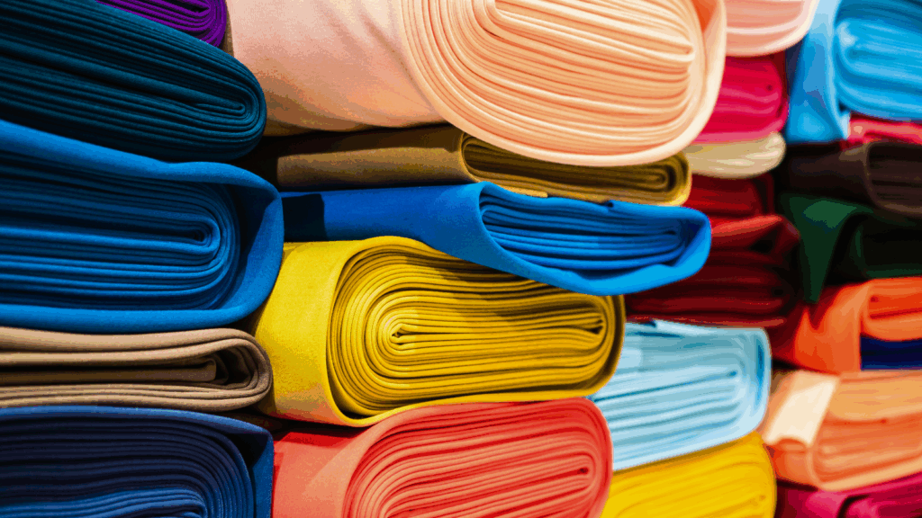 Cotton fabrics Sublimation vs screen printing A vibrant assortment of colorful fabric pieces stacked together, showcasing various textures and patterns.