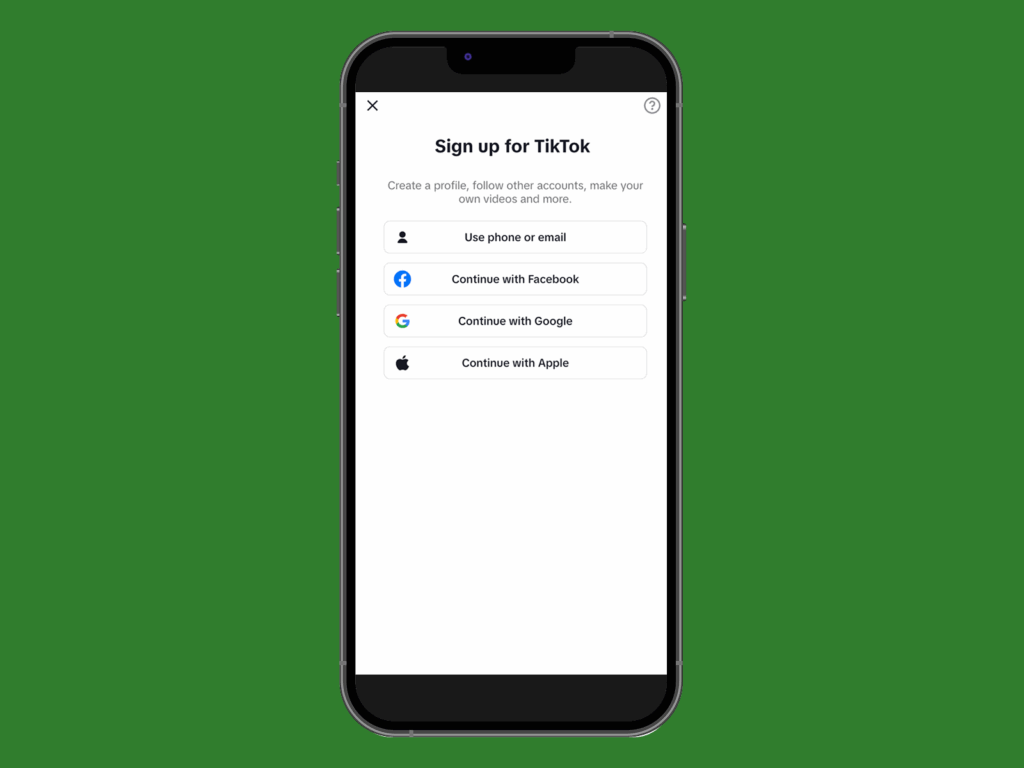 Create a TikTok business account A screenshot mockup of TikTok’s sign-up page.