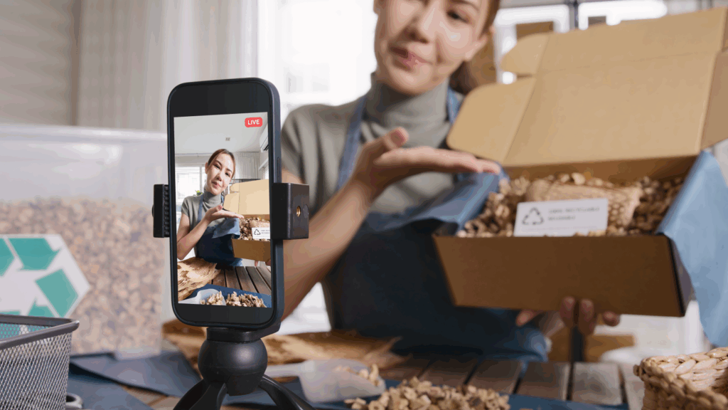 Engage with the target audience using relevant content A woman live-streaming using a mobile phone, showcasing products.