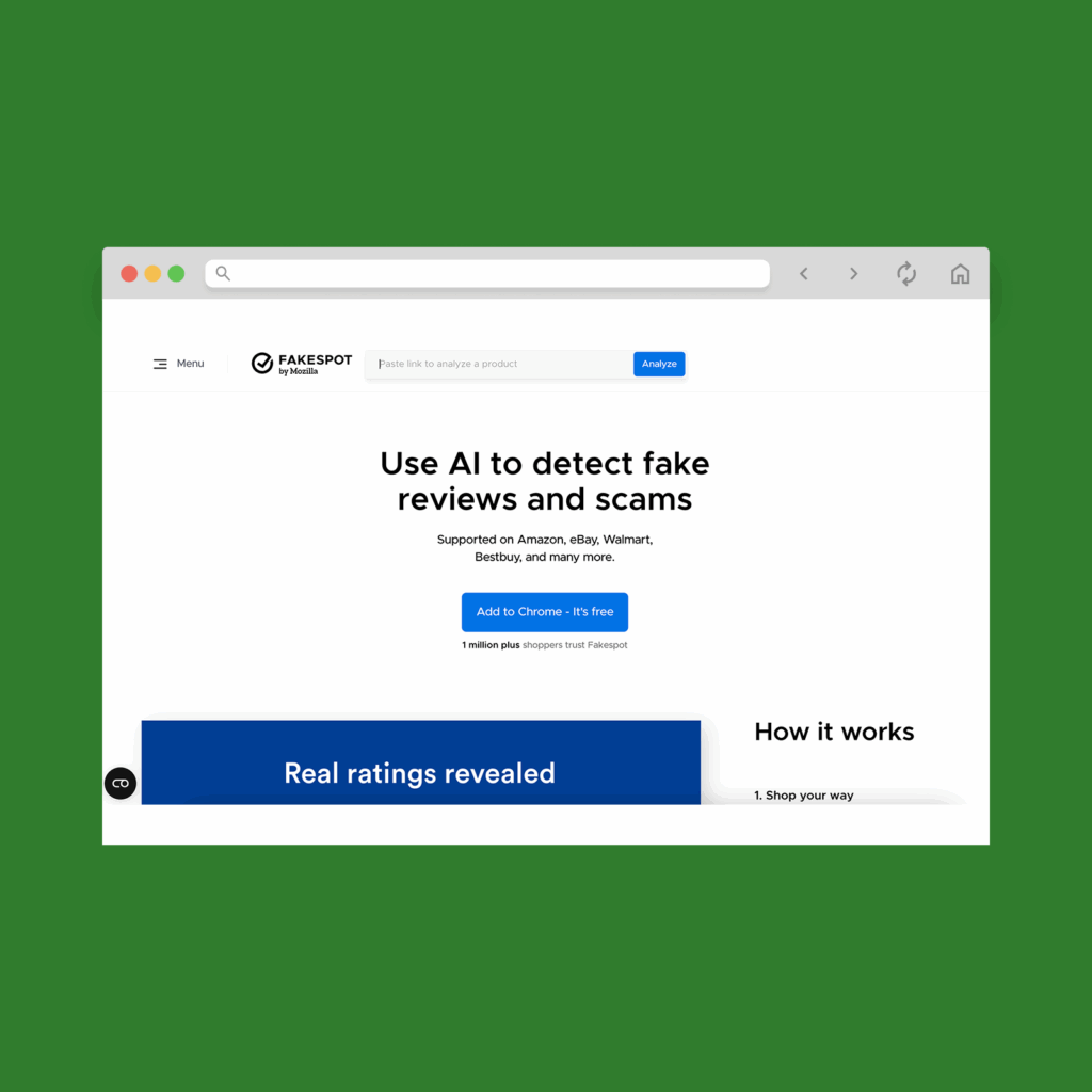 Fakespot homepage hero section screenshot mockup.