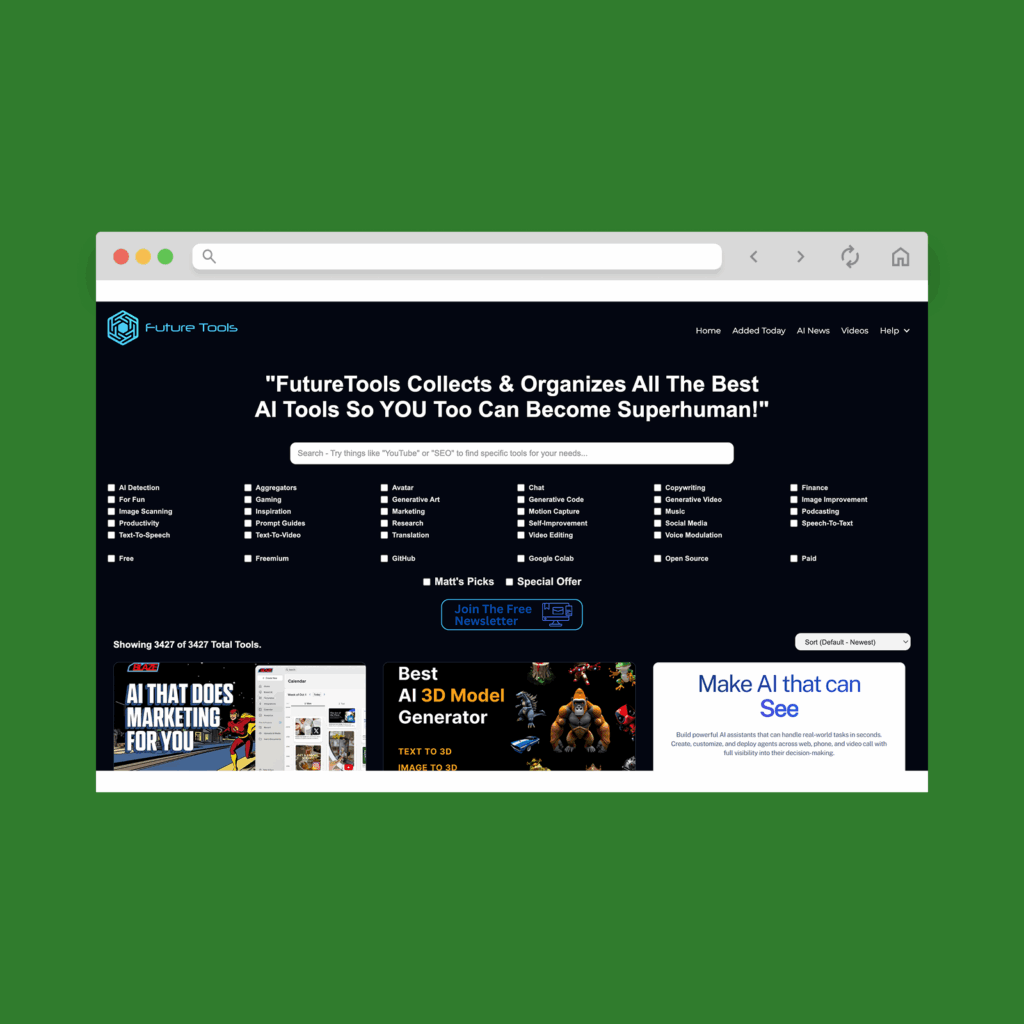 Future Tools homepage hero section screenshot mockup.