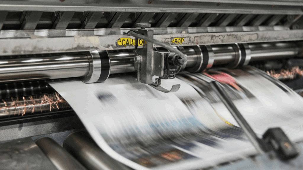Increase profit margins with Print on Demand A newspaper is being printed on a large machine, with freshly printed pages rolling out in a production environment.