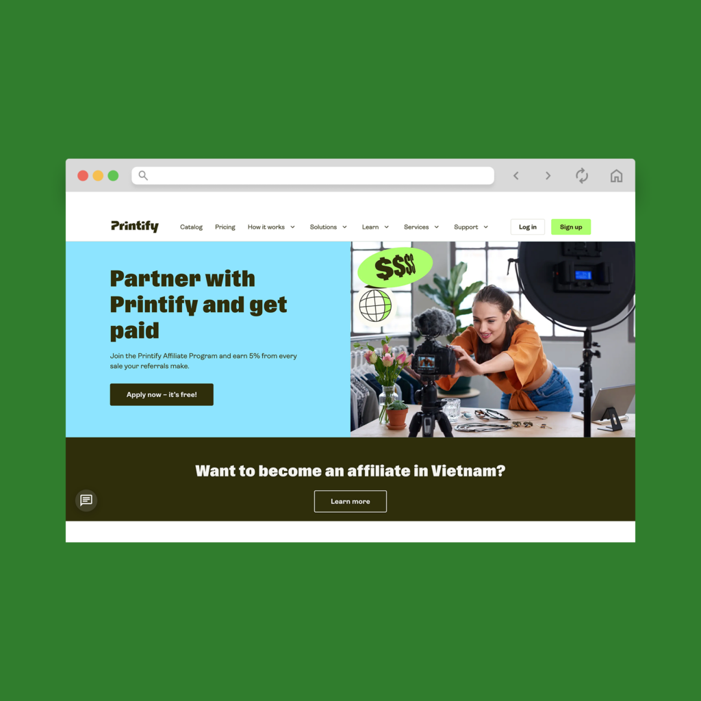 Join an affiliate program A screenshot mockup of Printify’s Affiliate program landing page hero section.