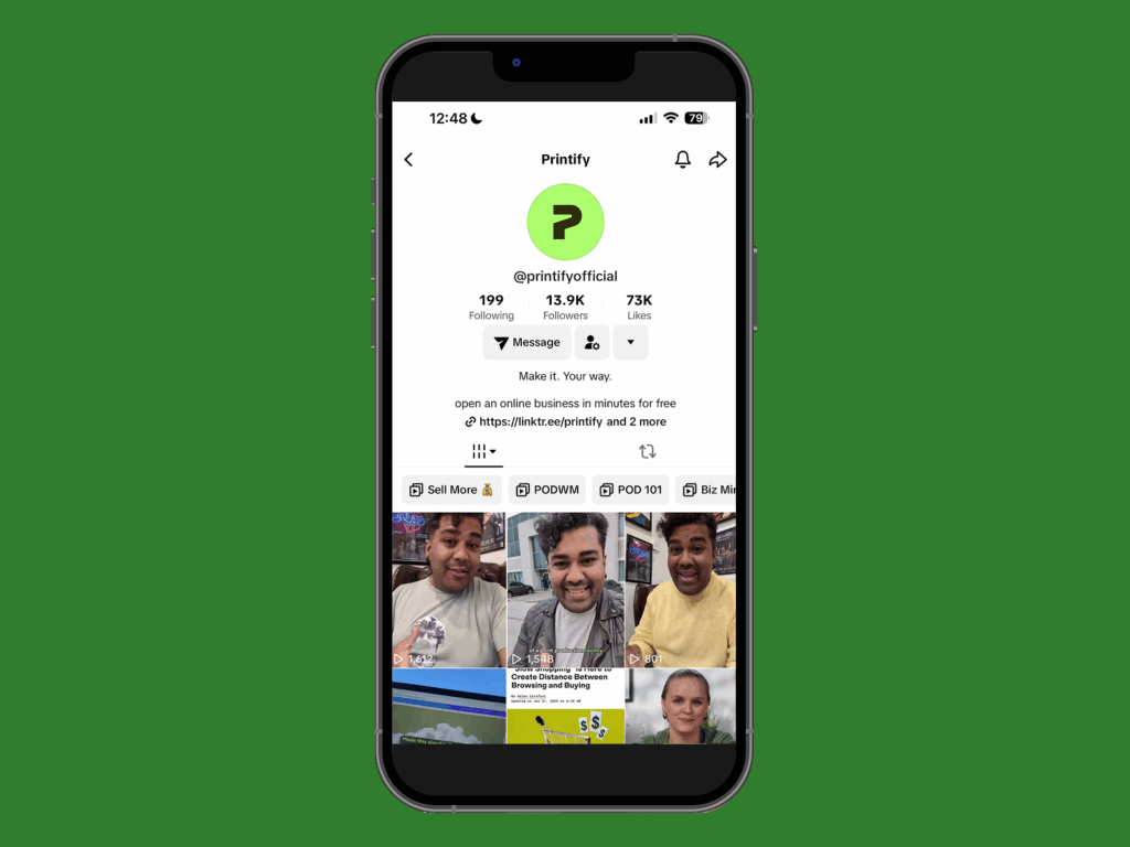 Make your first impression count A screenshot mockup of Printify’s account on TikTok.