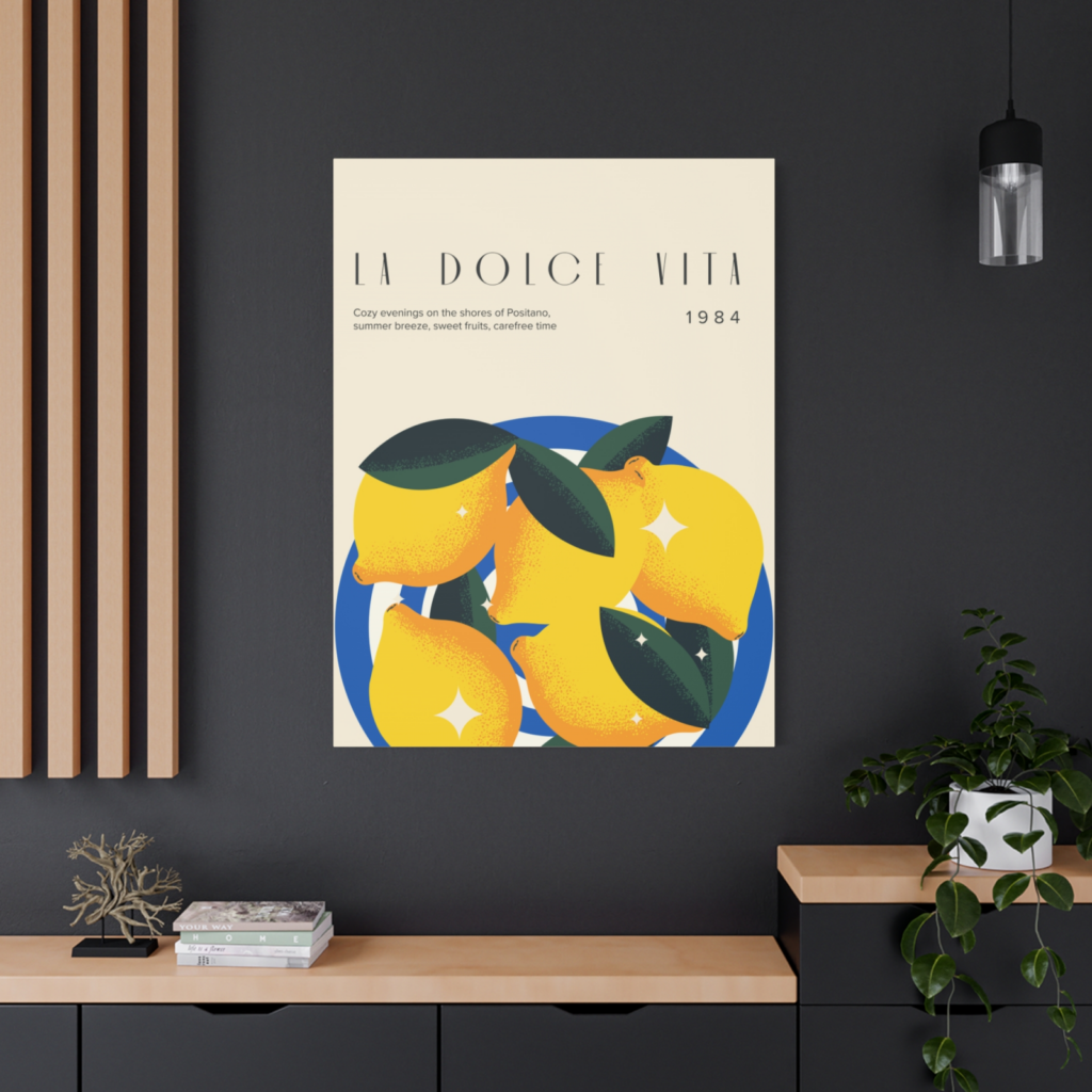Matte Canvas Stretched Eco friendly POD An eco-friendly custom matte canvas with a colorful illustrated lemon print.