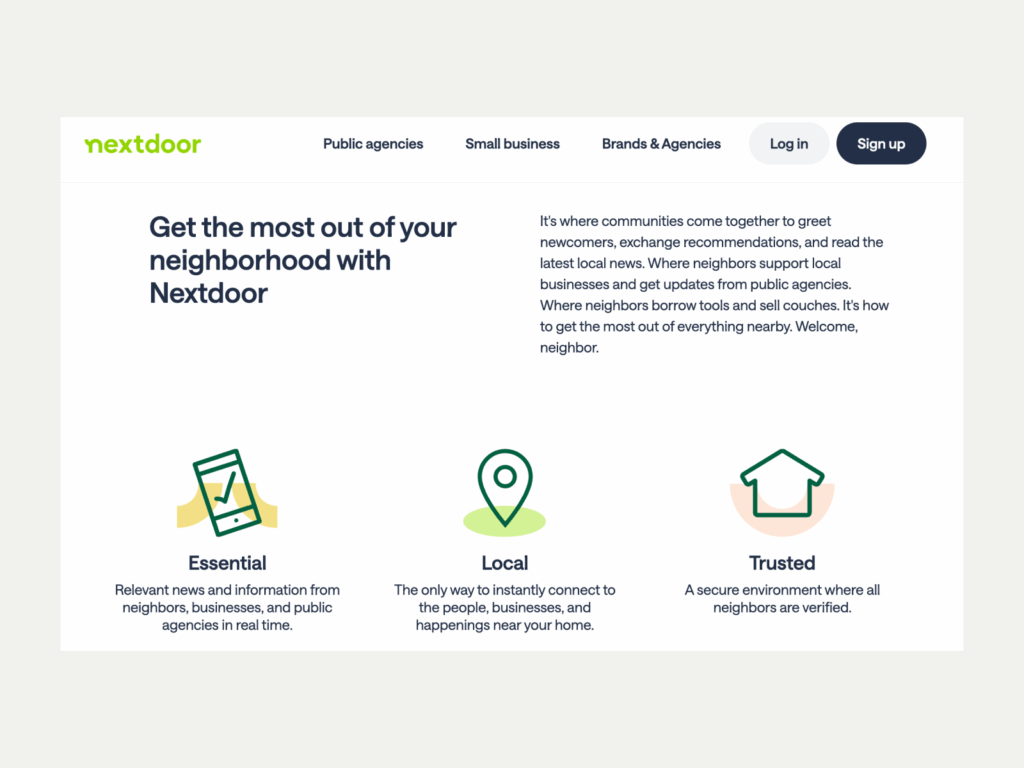 Nextdoor Best business to start with little money A screenshot of the Nextdoor landing page.