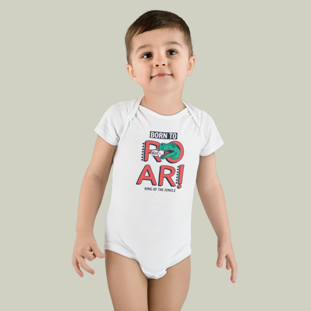 Organic Baby Onesie Eco friendly POD A child wearing a white organic baby jumpsuit made with print-on-demand.