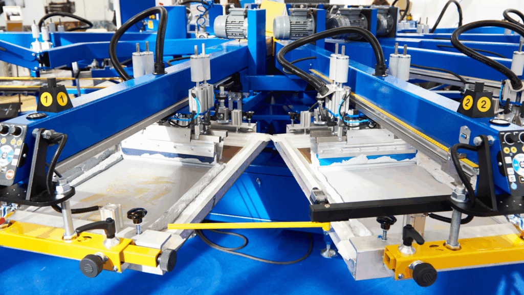 Printing machines Sublimation vs screen printing A machine producing a sheet of paper, with visible rollers and a conveyor belt in operation.