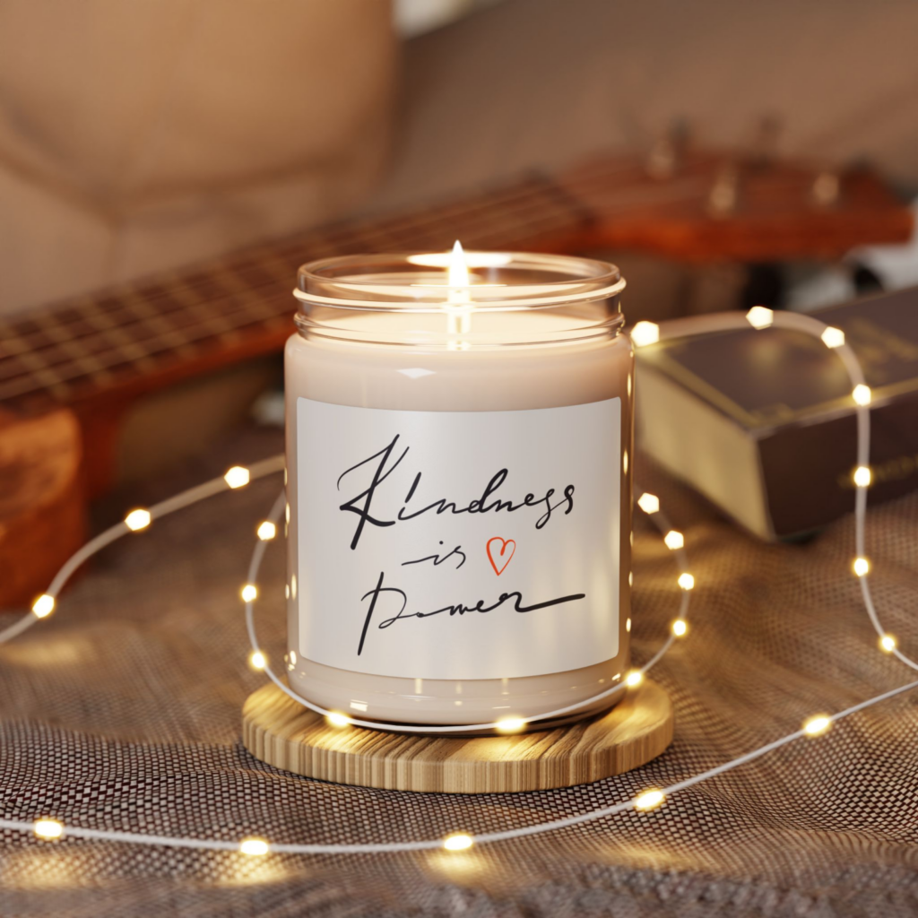 Scented Soy Candles Eco friendly POD A custom eco-friendly print-on-demand soy candle with a “Kindness is power” sticker.