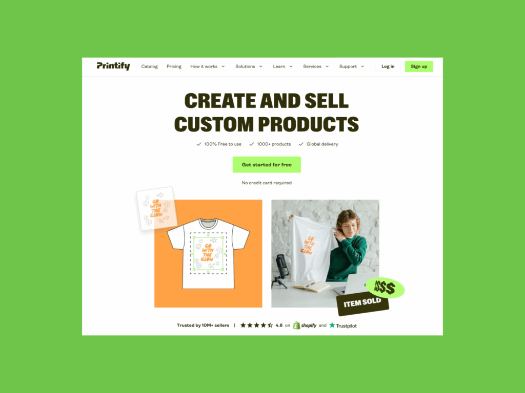 Sell products with Printify Sublimation and screen printing made easy A screenshot of the Printify landing page.