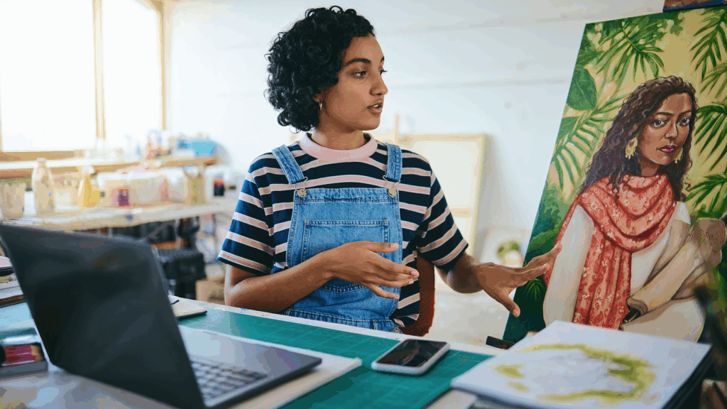 Sell your art Passive income for artists A woman presenting her art using a laptop to earn passive income as an artist.