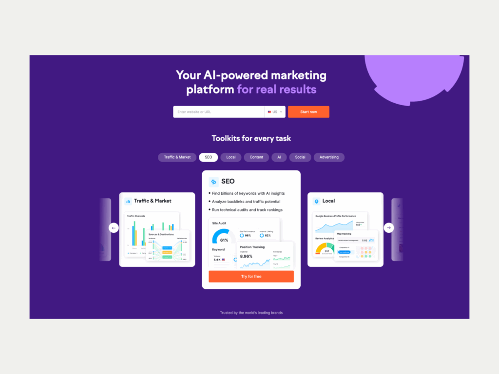 Semrush Best business to start with little money A screenshot of the Semrush landing page.