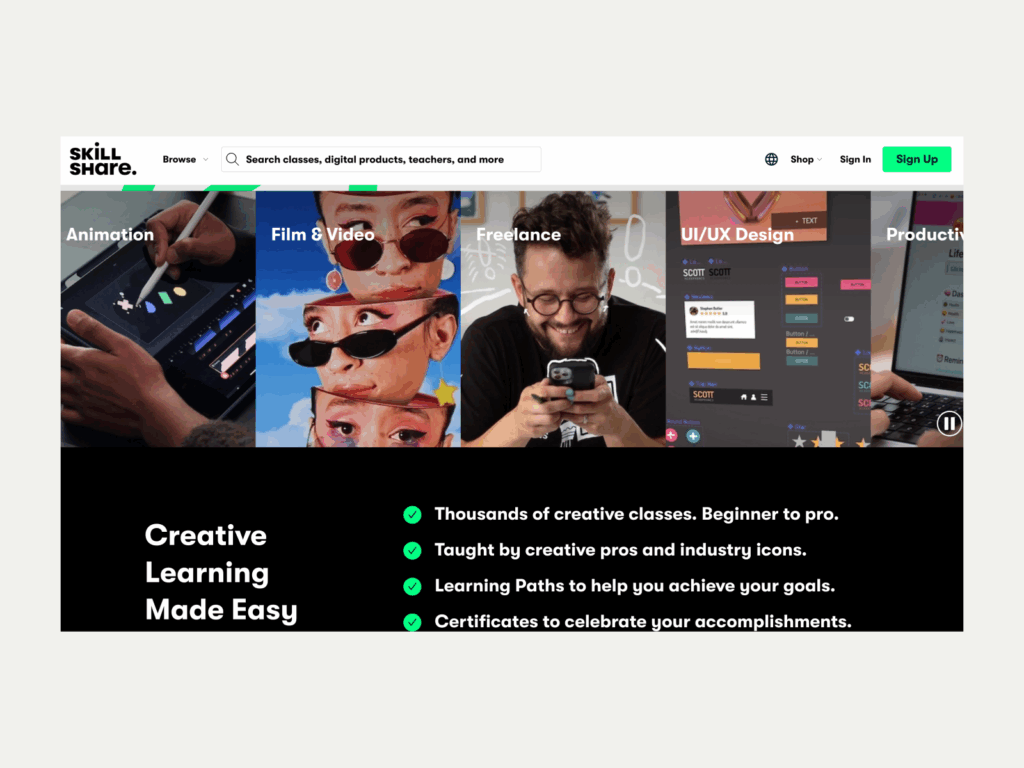 Skillshare Best business to start with little money A screenshot of the Skillshare landing page.