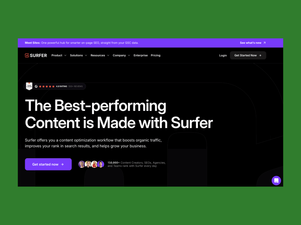 Surfer A screenshot of the landing page of the SurferSEO landing page.