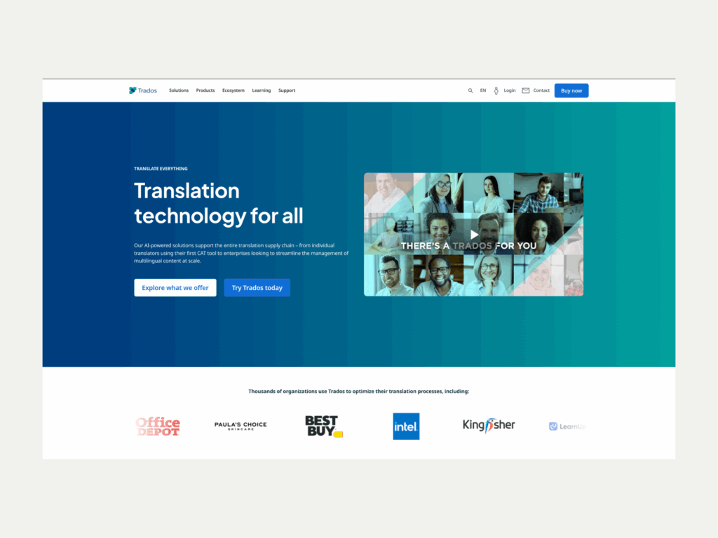 Trados Best business to start with little money A screenshot of the Trados landing page.