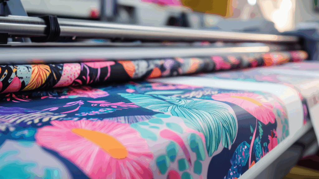 Transferring a design from sublimation paper to fabric A large machine featuring a prominent print design on its surface, showcasing its industrial purpose and functionality.