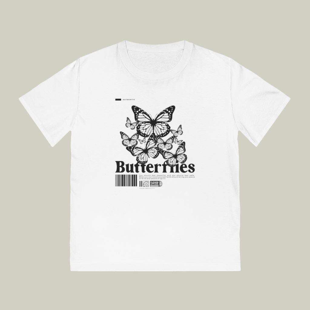 Unisex Rocker T Shirt Eco friendly POD An eco-friendly t-shirt mockup with a black and white print.