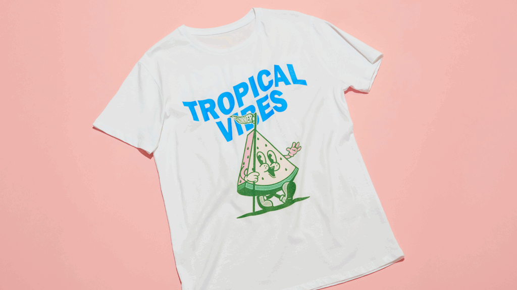 Unisex softstyle t shirt Gildan 64000 High margin products A t-shirt featuring the phrase "Tropical Vibes" in a vibrant, playful font.