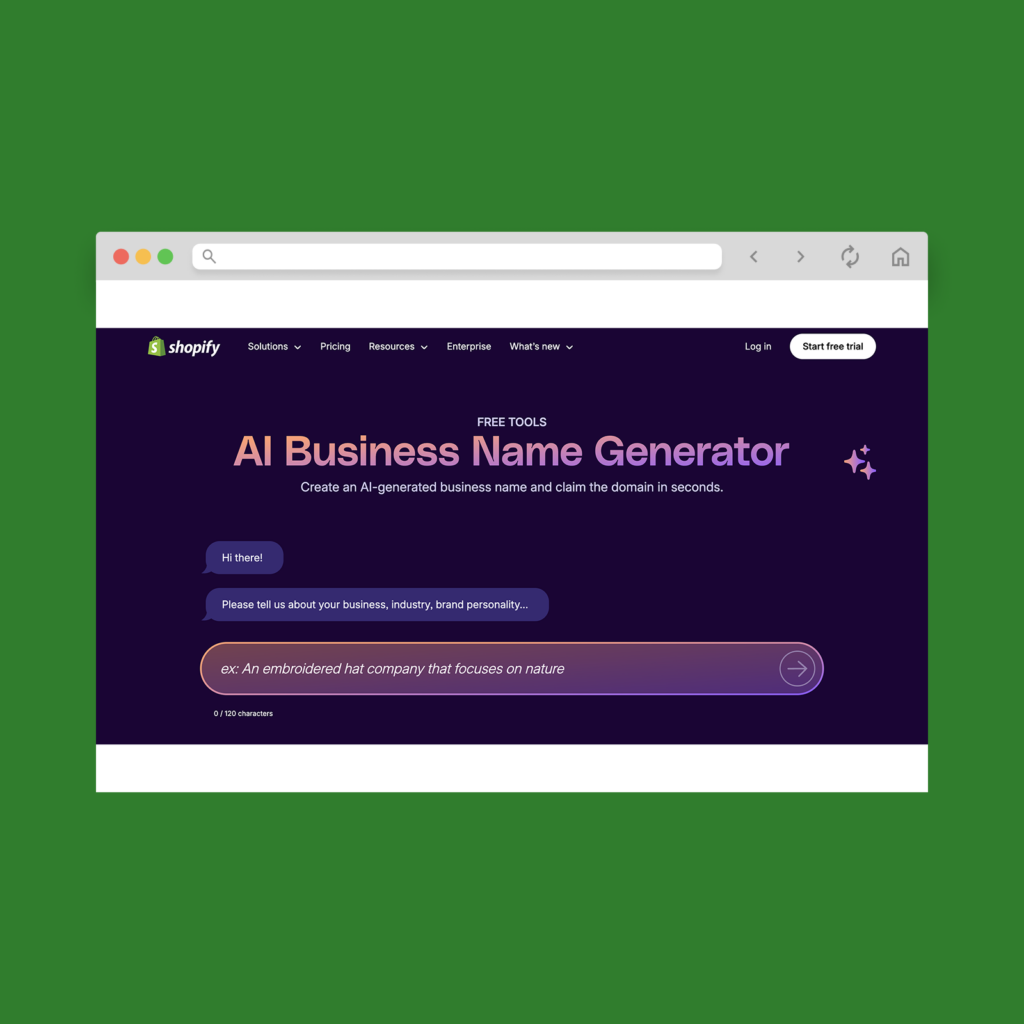 Use AI generators to help name your business A screenshot mockup of Shopify’s AI Business Name Generator.