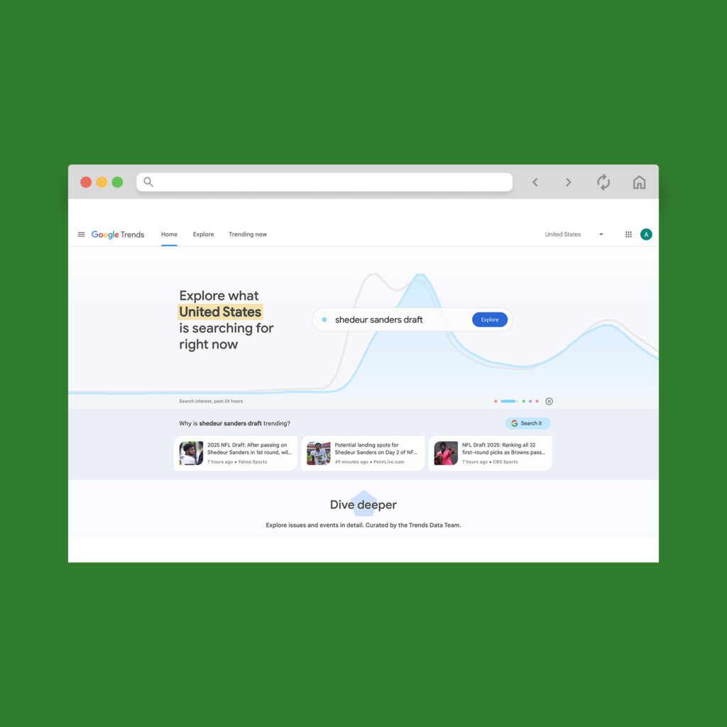 Use Google Trends to find trending products A screenshot mockup of the Google Trends homepage.