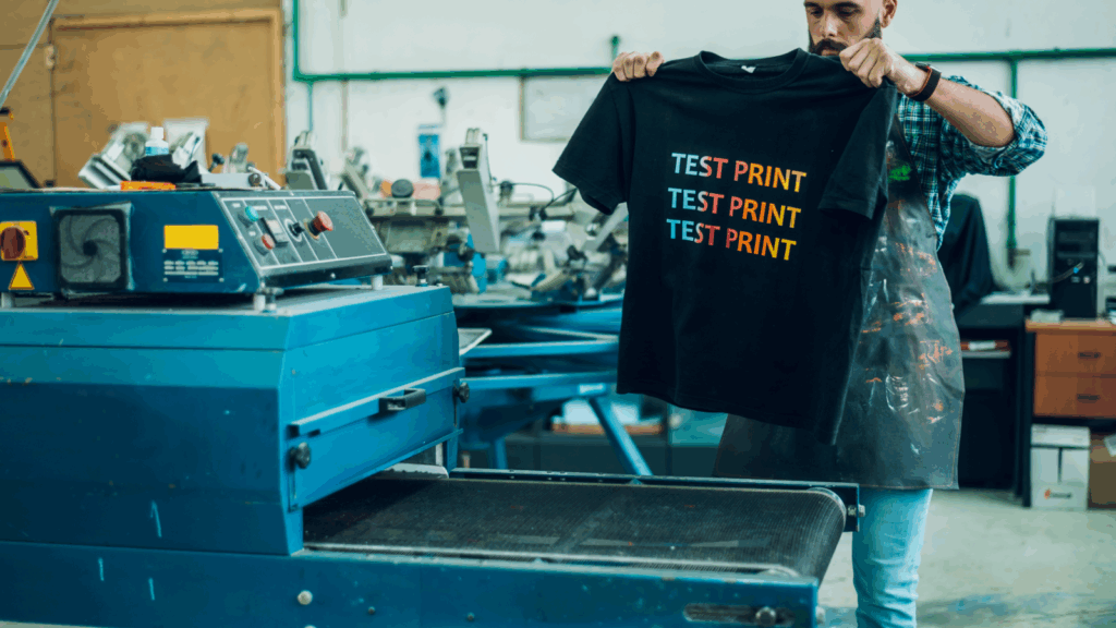Which t shirt printing methods should you choose A man checking out a freshly printed t-shirt for quality issues.