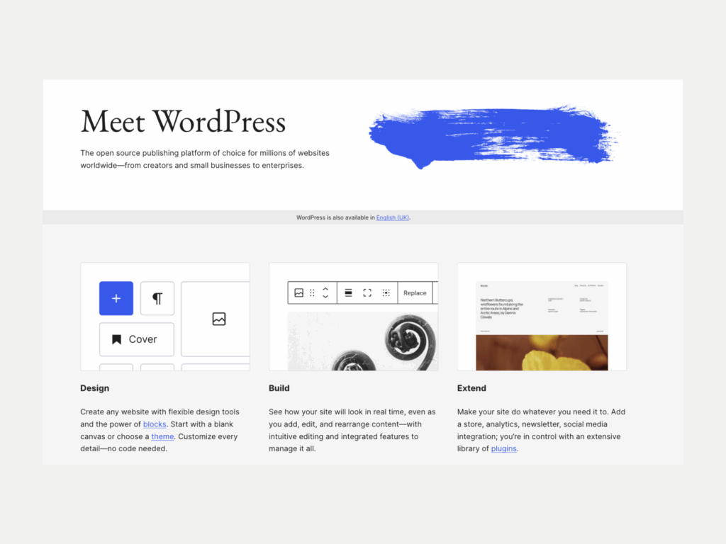 Wordpress Best business to start with little money A screenshot of the WordPress landing page.