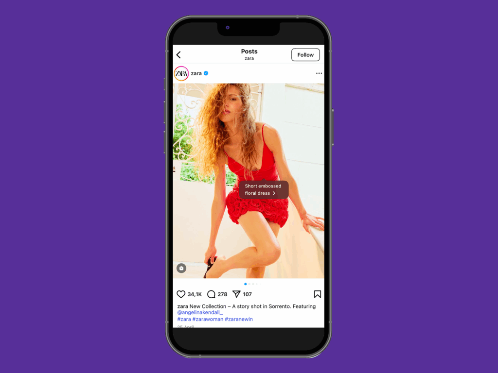 Zara Instagram Shop A screenshot mockup of a mobile phone with a product from Zara’s Instagram Shop.
