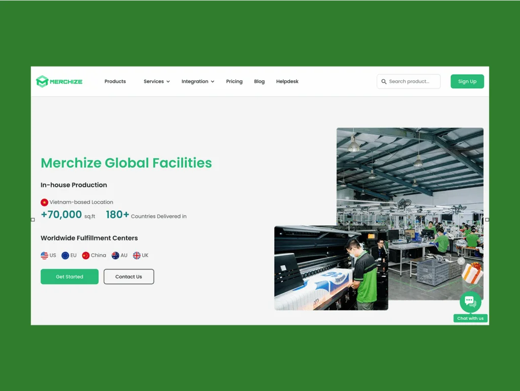 Merchize homepage hero section screenshot mockup.
