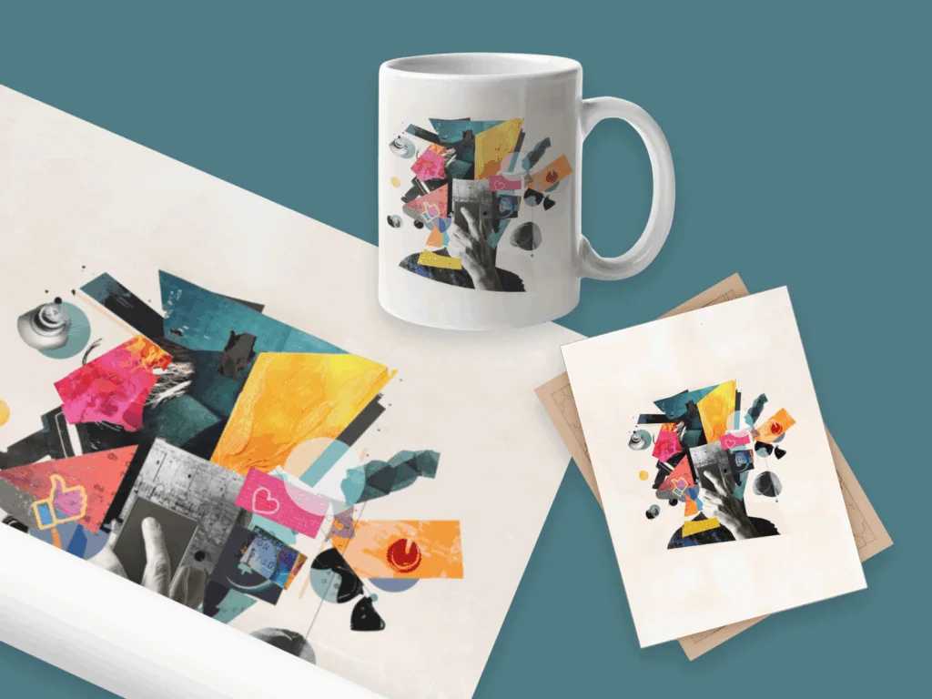 A mug, poster and card with abstract art prints.