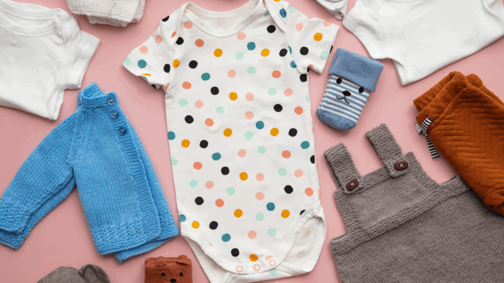 Baby accessories Etsy shop ideas Baby clothes and accessories arranged neatly on a soft pink background, showcasing a variety of colors and styles.