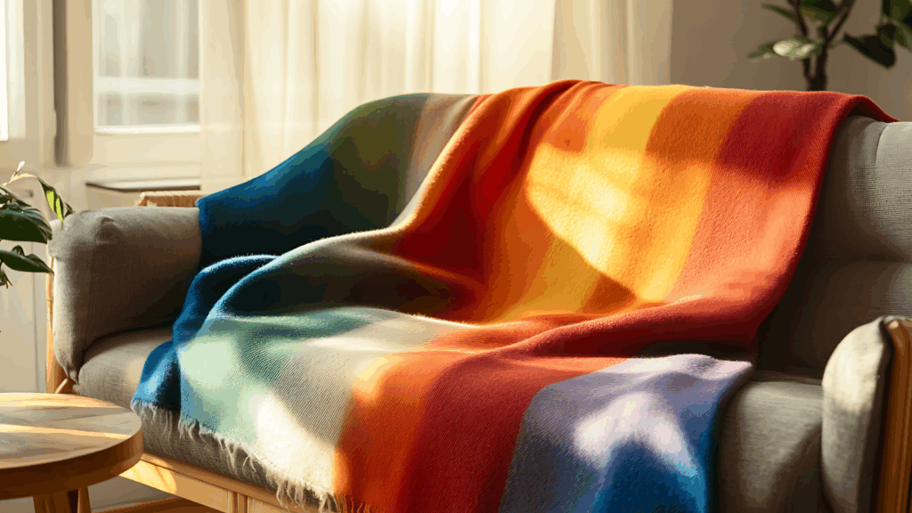 Blankets Make a living without a job A custom rainbow-colored blanket laying on a couch.