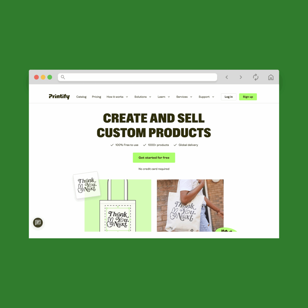 Choose your POD partner A screenshot mockup of Printify’s homepage hero section.