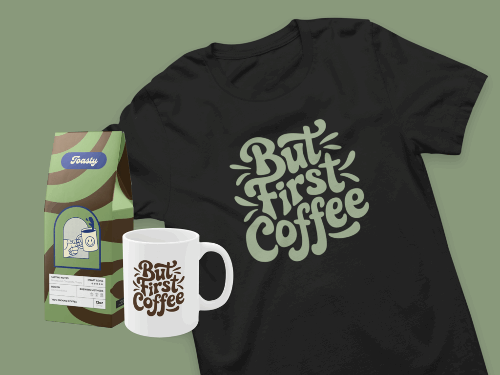 A black t-shirt, coffee mug and coffee as an example of a swag bag idea for coffee lovers.