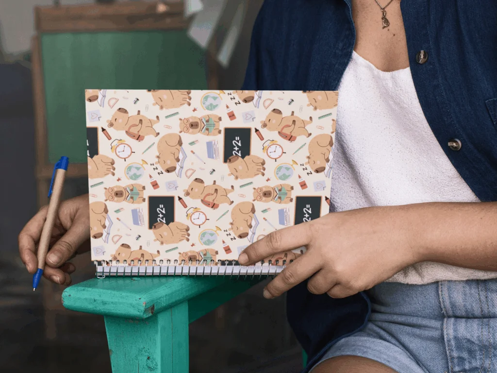 A woman is making notes in a custom notebook.