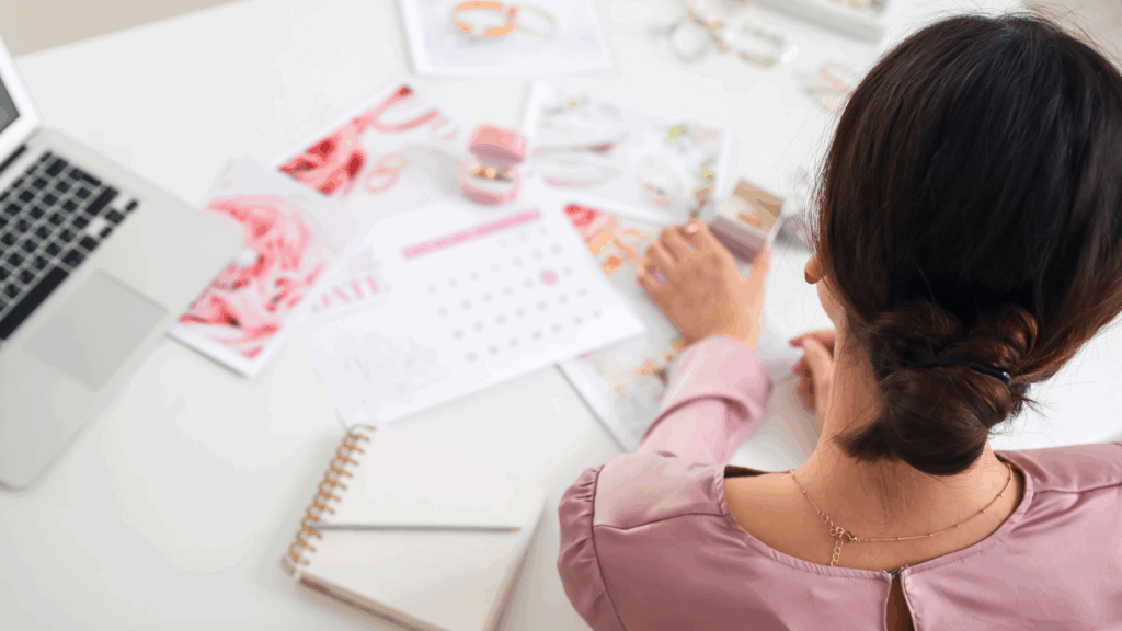 Event planning – Help organize parties weddings or meetups A woman sits at a desk with a laptop open and a calendar beside her, focused on her work.