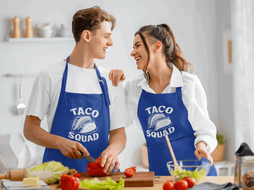 A couple (man and woman) wearing blue “Taco squad” aprons.