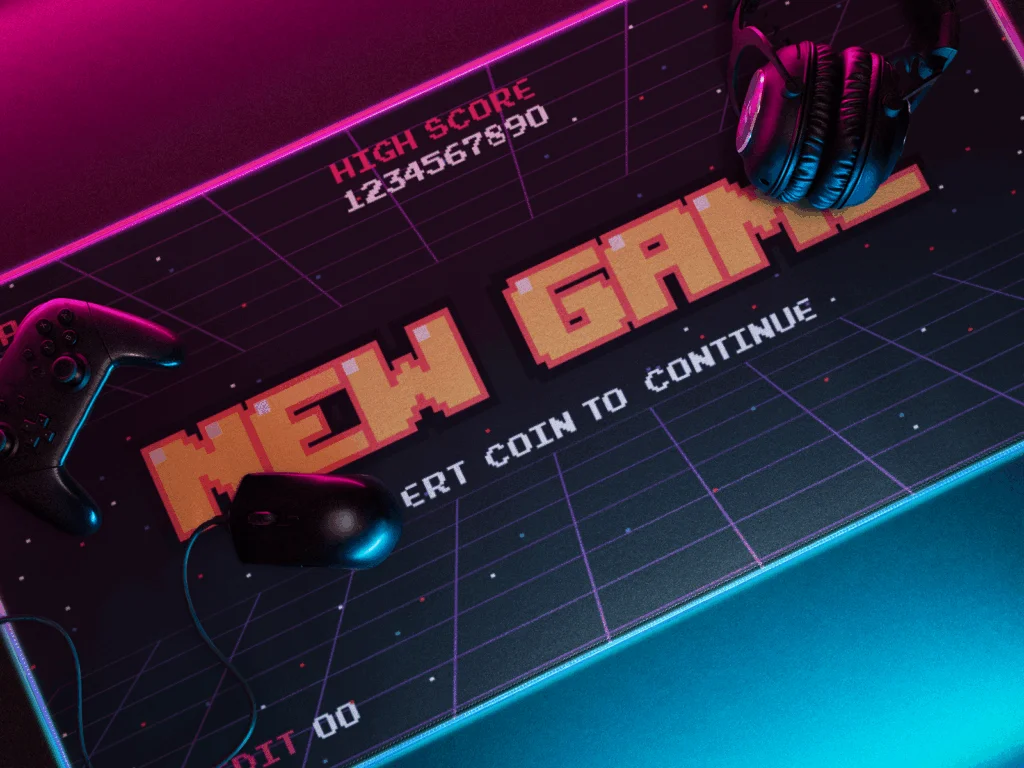 A gaming mat with a retrowave-styled print.