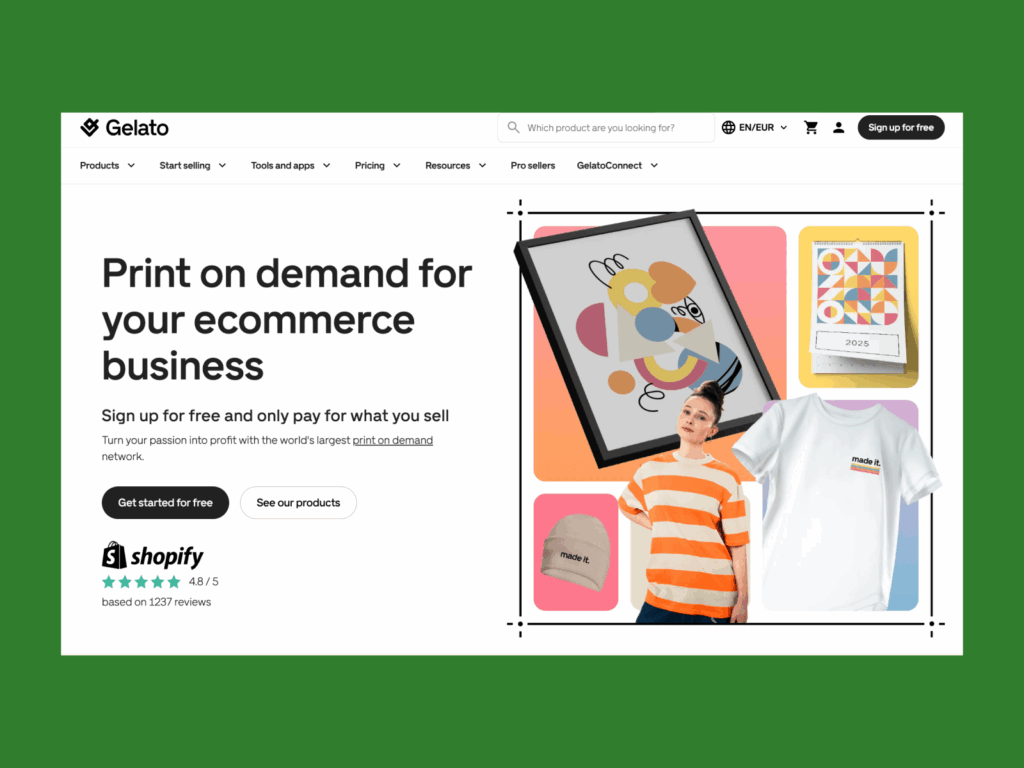 Gelato Best print on demand companies A screenshot of the Gelato landing page.