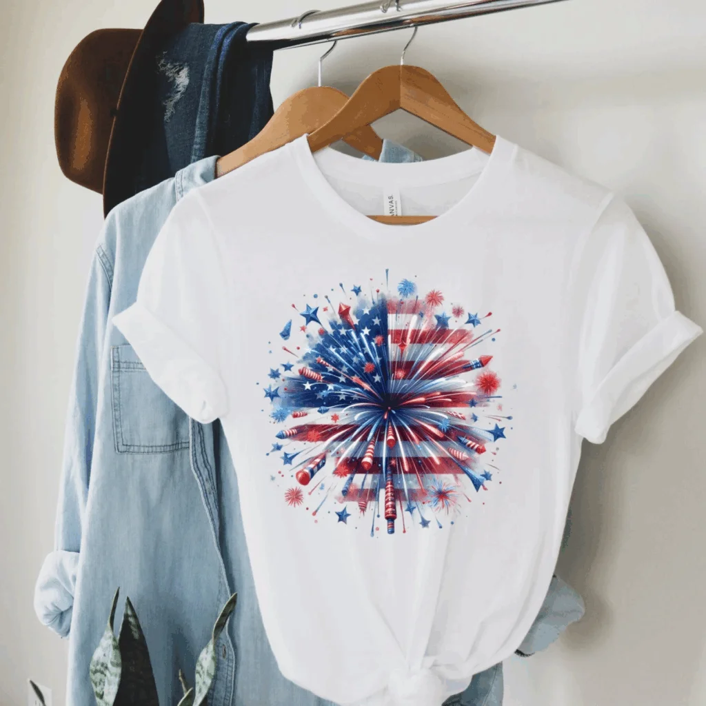 White 4th of July-themed t-shirt with fireworks colored as the USA flag.