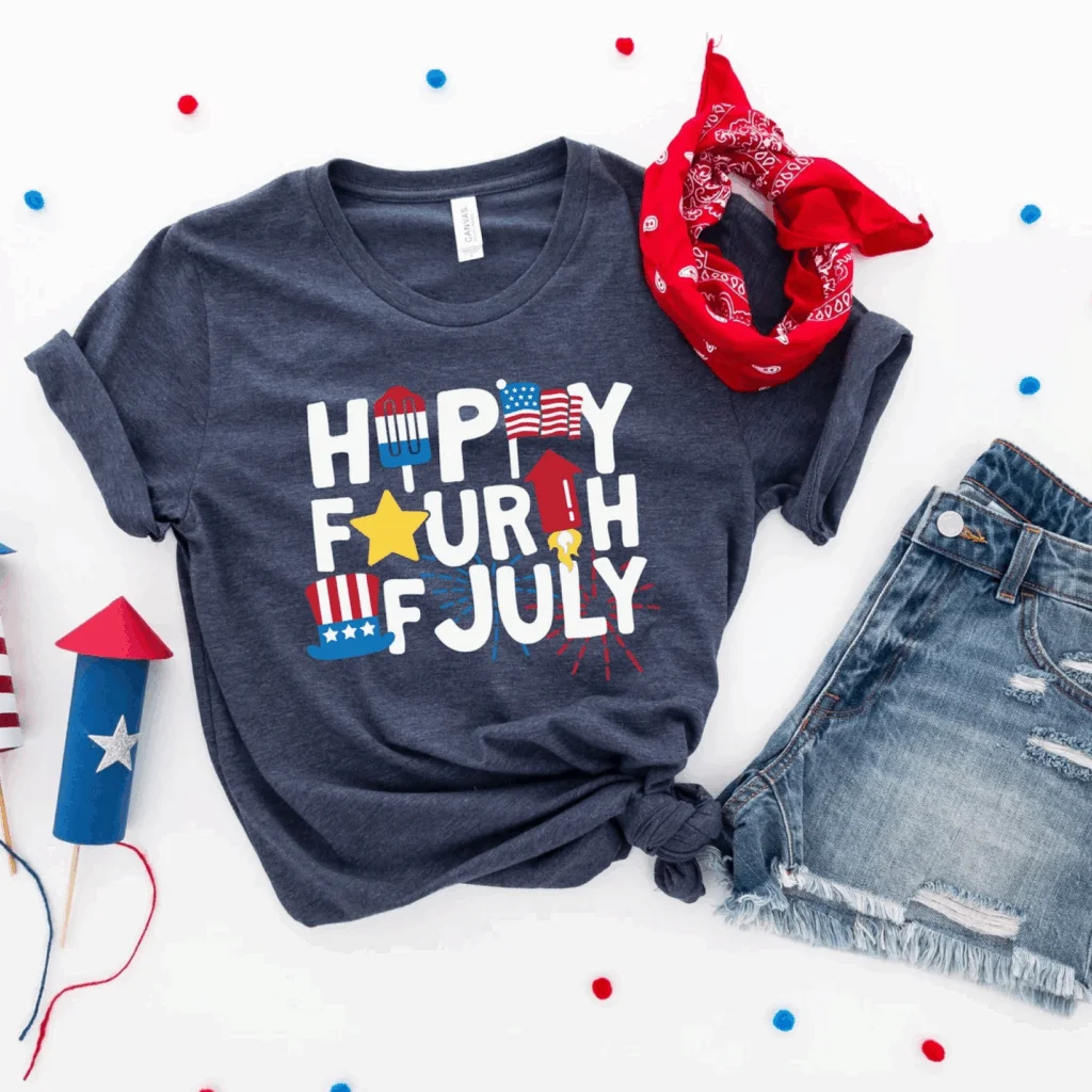 Dark-blue “Happy Fourth of July” t-shirt.