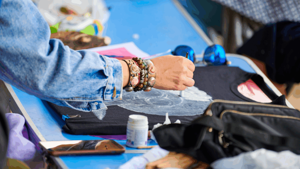 A woman is designing a DIY t-shirt.